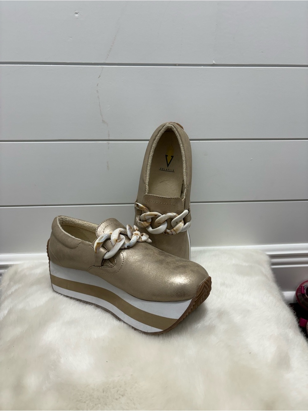 Volatile Metallic Gold Platform Chain-Accent Slip-Ons